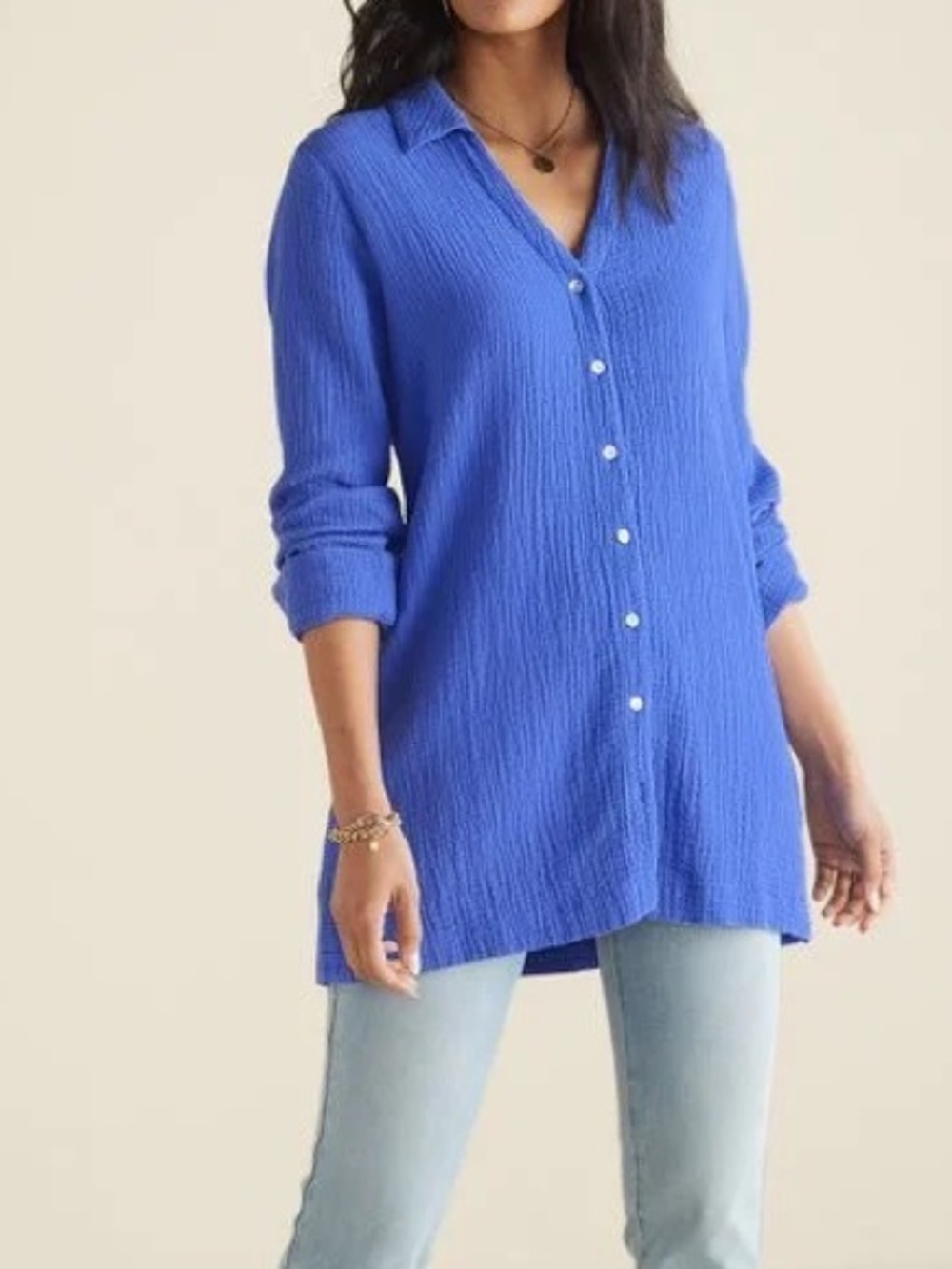 Soft Surroundings Escambia Gauze Cotton Tunic Button Front Shirt Size Large